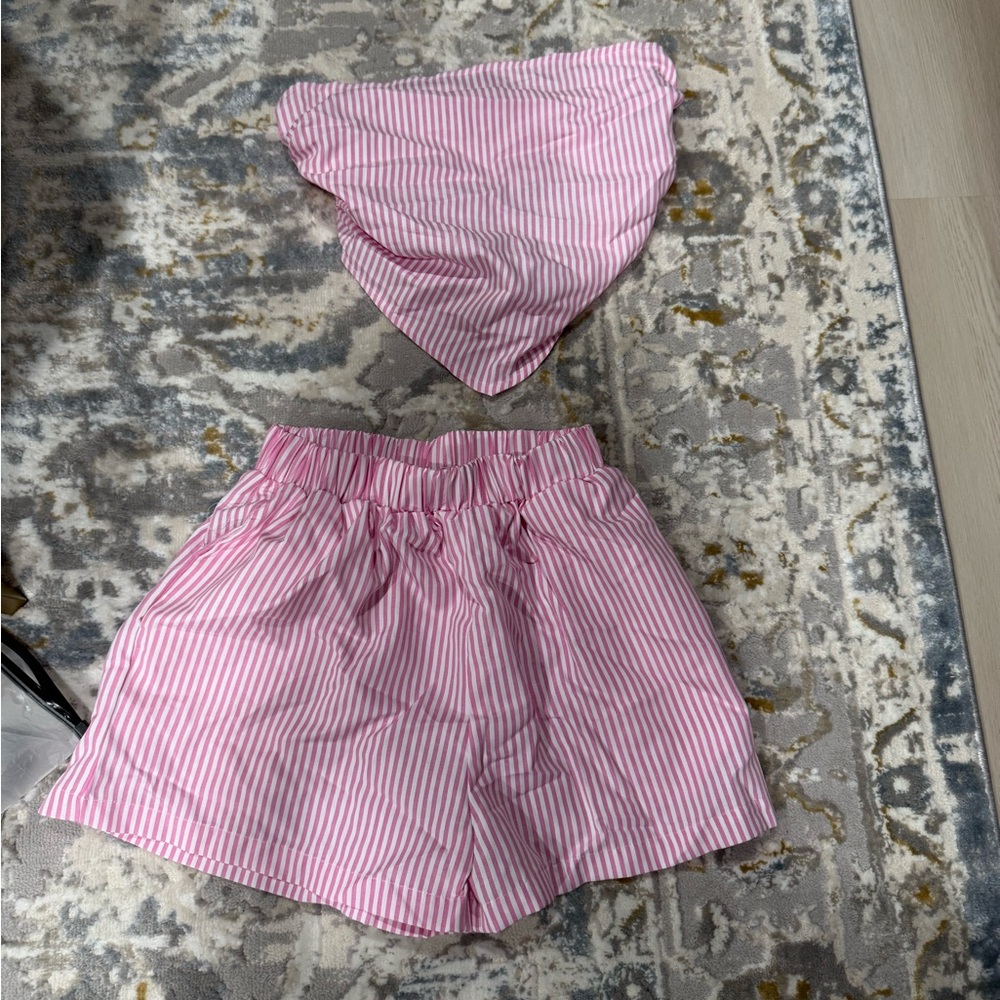 SHEIN Pink & White Striped Two-Piece Shorts Set